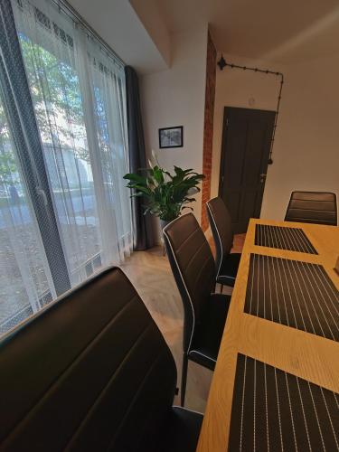 a meeting room with a table and chairs and a plant at Penzion Malý in Krnov