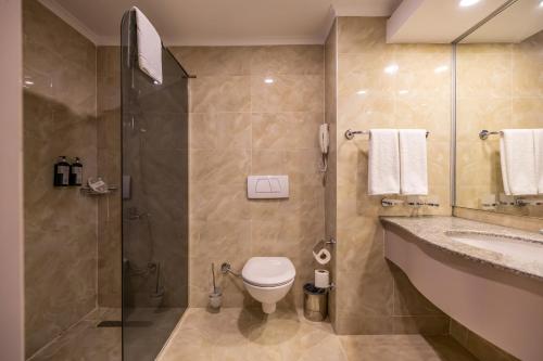 a bathroom with a shower and a toilet and a sink at VONRESORT Elite & Aqua - Ultra All Inclusive & Kids Concept in Side