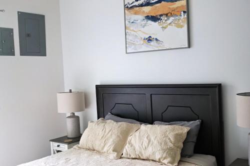 a bed with a black headboard and a picture on the wall at Southern Escapes Apartment in Quepos