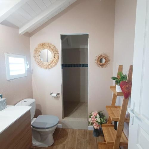 a bathroom with a toilet and a shower at Villa Flow - Villa familiale proche plage in Orient Bay