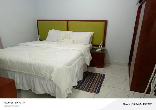 a bedroom with a large white bed with a green headboard at Raneziah Guesthouse in Kasane