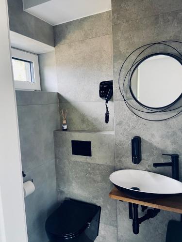 a bathroom with a sink and a toilet and a mirror at Willa Makuchówka in Korbielów