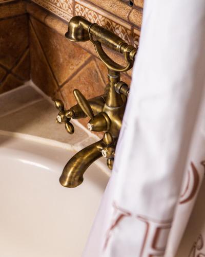 a bathroom sink with a brass faucet at Villa Tethys Mountain Resort in Zákas