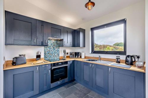 a kitchen with blue cabinets and a large window at Derw Bach in Llanfair Caereinion