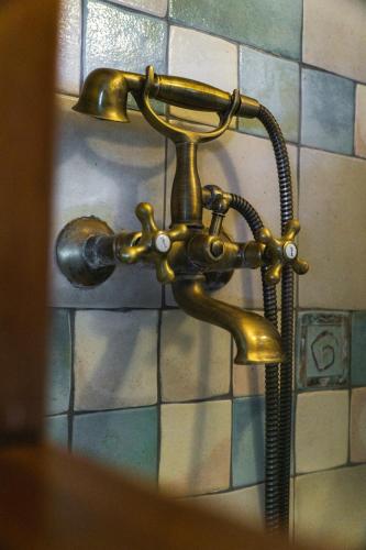 a brass shower faucet on a tiled wall at Villa Tethys Mountain Resort in Zákas