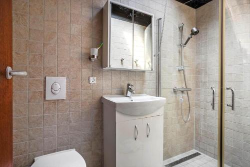a bathroom with a toilet and a sink and a shower at Sj295-Hejls-Hegnet-1 in Hejls