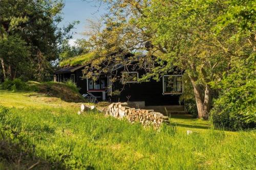 a black house with a grass roof on a field at LL211-Humble-Harnbjergvej-11 in Humble