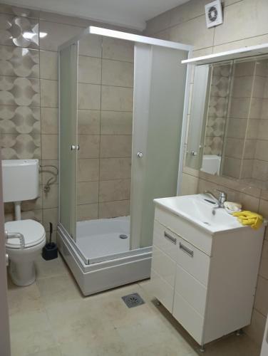 a bathroom with a shower and a toilet and a sink at Ramstore in Kumanovo