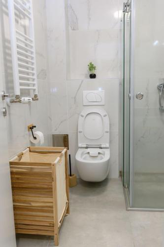 a white bathroom with a toilet and a shower at Tesla Apartments 1 in Kragujevac