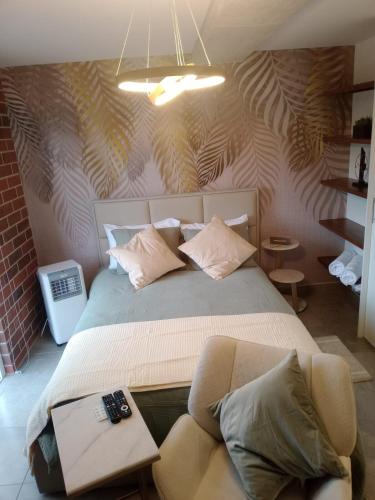 Estación PamplonaにあるRomantic studio with parking and AC zone 10のベッドルーム1室(枕付きのベッド1台、ソファ付)
