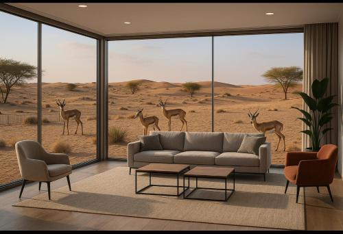a living room with a couch and deer in the desert at Deem view in Al Ain