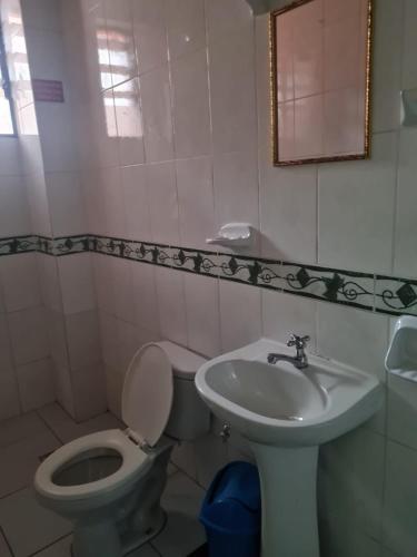 a white bathroom with a toilet and a sink at Hostal La Extincion in Torotoro