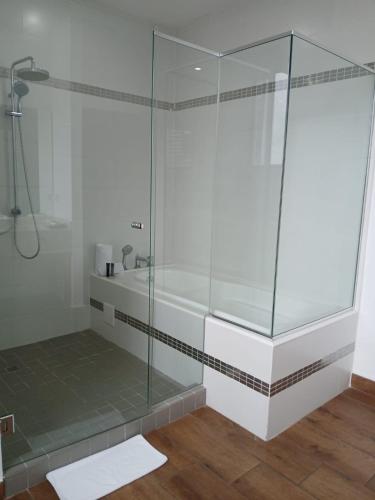 a shower with a glass enclosure in a bathroom at Hotel Mio Panamá in Panama City