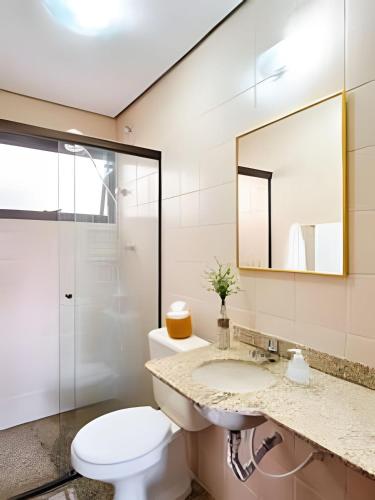 a bathroom with a toilet and a sink and a mirror at CHARMOSO seu apto a apenas 300 mts da rua mais turistica de ubatuba in Ubatuba