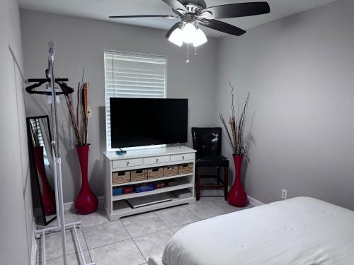 a living room with a television and two red vases at Luxury Home 3bdroom- 2bath in Donna