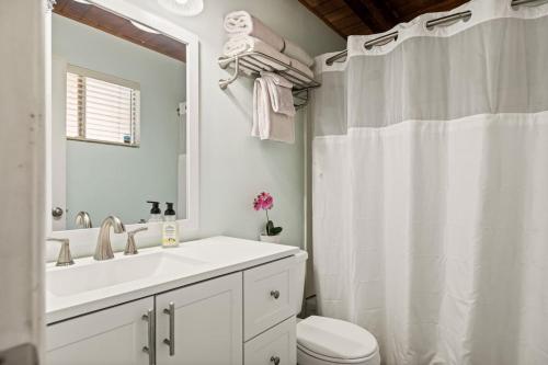 Un baño con lavabo, inodoro y espejo. en Casa Huntsted A-Frame Cabin near Snow Valley, en Running Springs