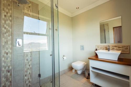 a bathroom with a shower and a sink and a toilet at Wolfkop Nature Reserve in Citrusdal