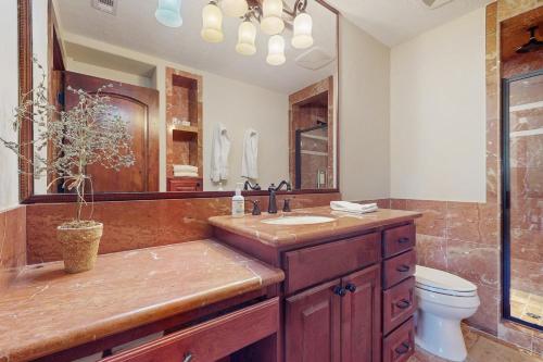 a bathroom with a sink and a toilet and a mirror at Harbor Point in Spicewood