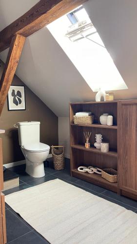 a bathroom with a white toilet in a attic at A la Petite Grange in Obenheim