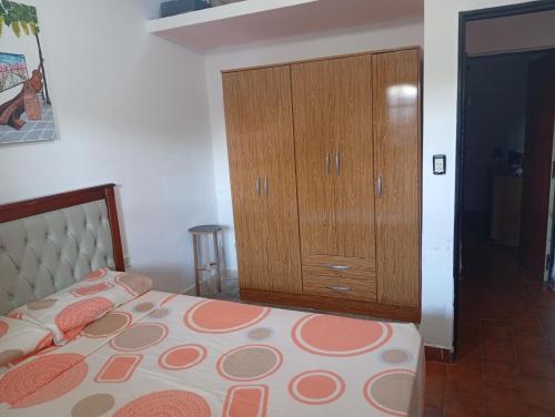 a bedroom with a bed and a wooden cabinet at Alojamiento Valle del Sol in San Fernando del Valle de Catamarca