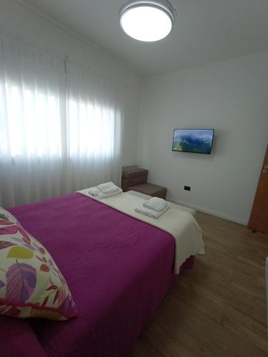 ein Schlafzimmer mit einem großen Bett und einer lila Decke in der Unterkunft DeptoBorgesJunin in Junín