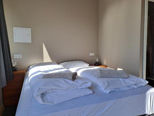 a bedroom with two beds with white sheets and pillows at Hotel Studlagil in Skjöldólfsstaðir