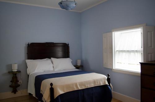 Un dormitorio con una cama con paredes azules y una ventana en Porto.arte downtown apartment, en Oporto