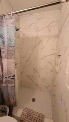 a white bathroom with a shower with a toilet at Entire house in Old Town Lilburn 4 bedrooms 4 bath in Lilburn
