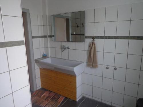 y baño con lavabo y espejo. en Ferienhaus van Wijk, en Obergude