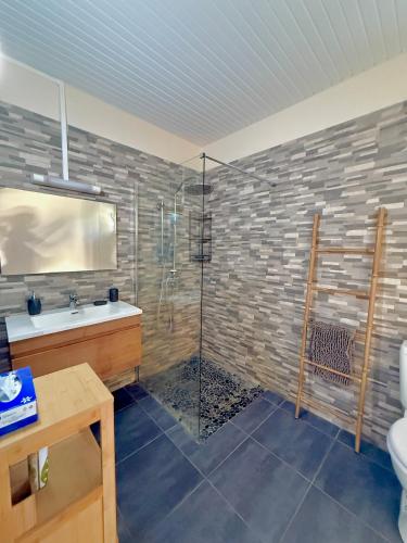 a bathroom with a glass shower and a sink at Villa LUGNA piscine privée in Le Vauclin