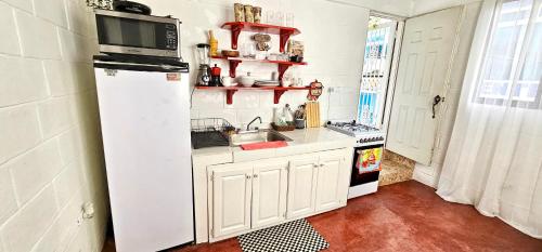 a kitchen with a white refrigerator and a sink at Apartamento Mirador de La ciudad in Jarabacoa