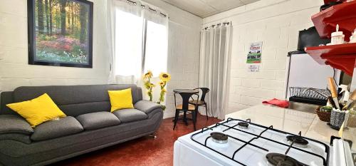 a living room with a couch and a stove at Apartamento Mirador de La ciudad in Jarabacoa