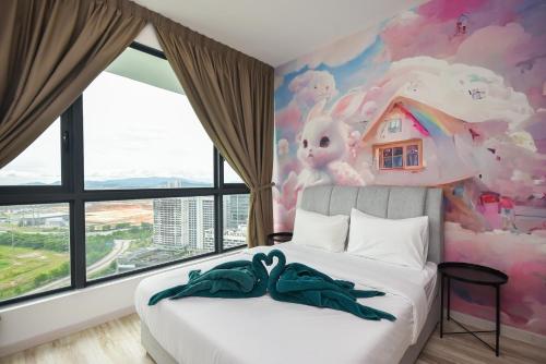 a bedroom with a bed with a hello kitty mural at Macrolink Medini Theme Suite by Nest Home - Near Legoland in Iskandar Puteri