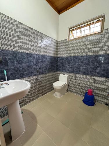 a bathroom with a toilet and a sink at Odyssey Stays Mechuka in Bāsār