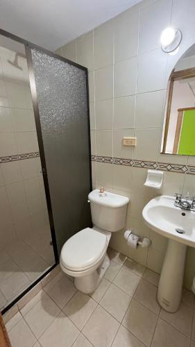 a bathroom with a toilet and a sink at 100 Wonderful House in Bogotá