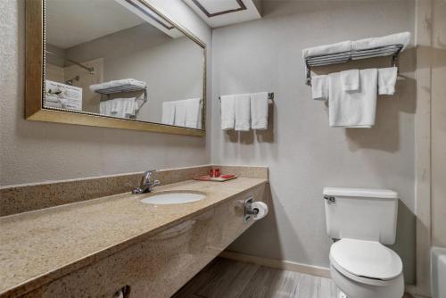 Un baño con lavabo, inodoro y espejo. en SureStay Plus Hotel by Best Western Greenwood, en Greenwood