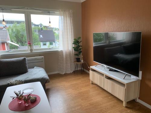 a living room with a large flat screen tv at Apartment with a view in the center of Narvik in Narvik