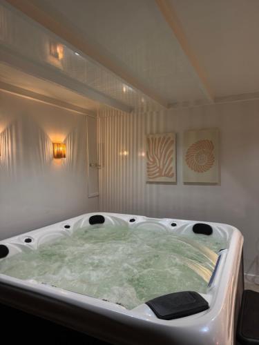a large white bath tub in a room at Wellness Studio Tiel met sauna en jacuzzi in Tiel
