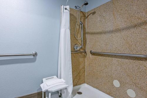 a bathroom with a shower and a toilet at Cielo Hotel Bishop-Mammoth, an Ascend Collection Hotel in Bishop