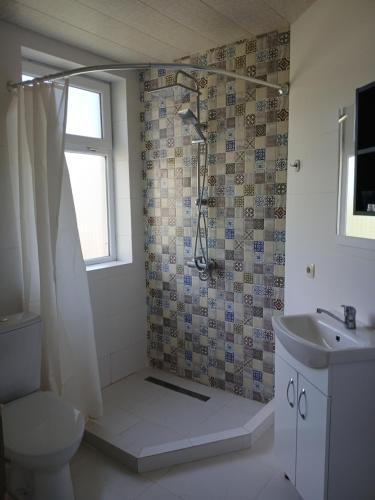 a bathroom with a shower with a toilet and a sink at Omsi Villa with views in Mtskheta