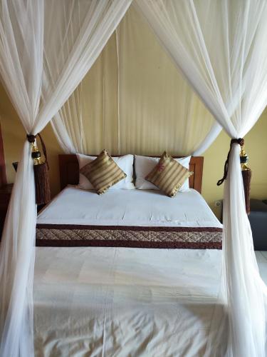 a bedroom with a bed with a canopy at Dalum Homestay in Amed