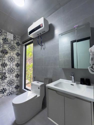 a bathroom with a toilet and a sink and a mirror at An Peaceful Homestay in Cat Ba