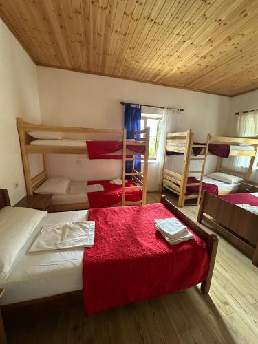 a bedroom with three bunk beds and a red blanket at GUEST HOUSE “ Center Theth “ in Theth