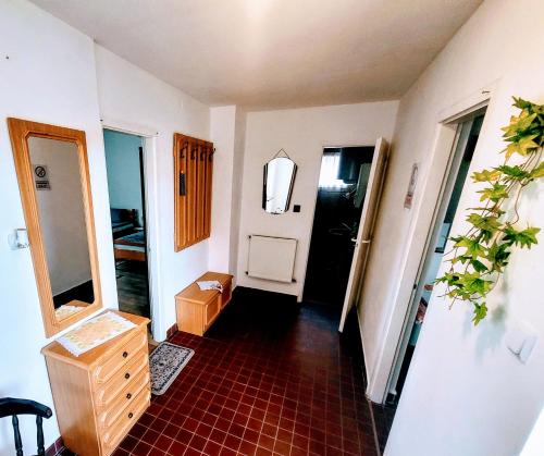 a room with a hallway with a mirror and a door at Gabriella Vendégház in Vadna