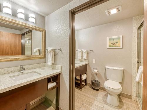 a bathroom with a toilet and a sink and a mirror at Amanzi Hotel, an Ascend Collection Hotel in Ventura