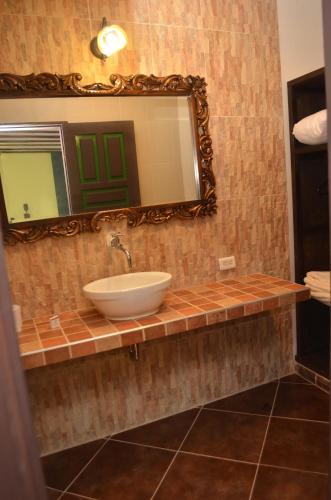 a bathroom with a sink and a mirror at Hotel El Virrey Boutique Honda in Honda