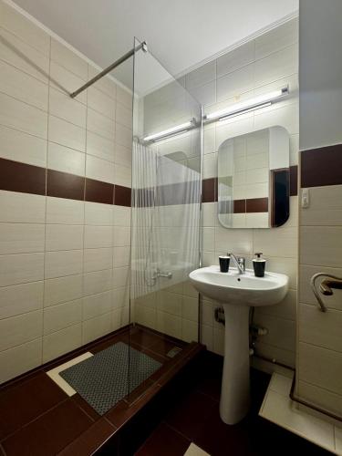 a bathroom with a sink and a shower with a mirror at Hillside Predeal in Predeal