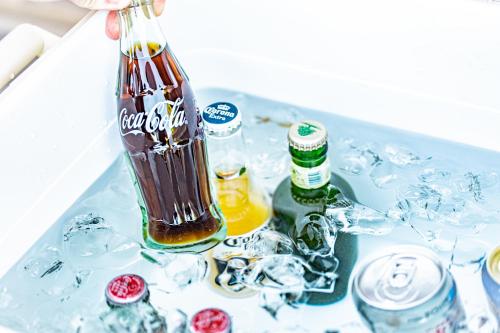 a cocacola bottle on a table covered in ice at HANABI棟-BASE棟 サウナ BBQ 農業体験 花火 が楽しめる ペット可 貸し切りで最大12名宿泊可能 Wi-Fi完備 in Katori