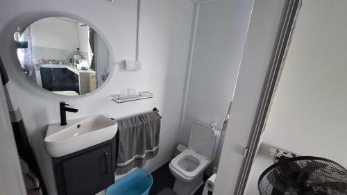 a small bathroom with a sink and a mirror at Résidence La Montagne Studio in Tambe