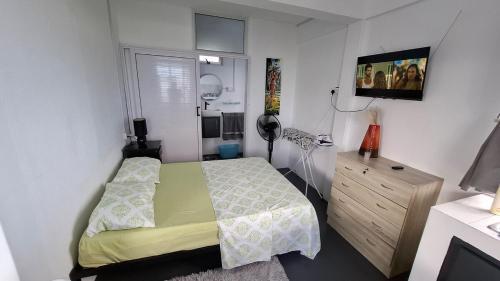 ein kleines Schlafzimmer mit einem Bett und einer Kommode in der Unterkunft Résidence La Montagne Studio in Tambe